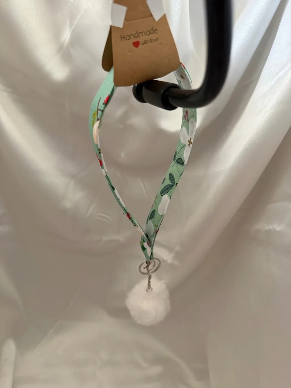 Handmade Green and White Floral Wristlet Keychain with White Pompom